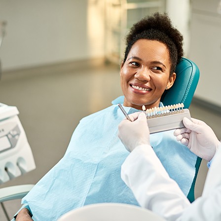 A dentist discussing LUX no-prep veneers with female patient